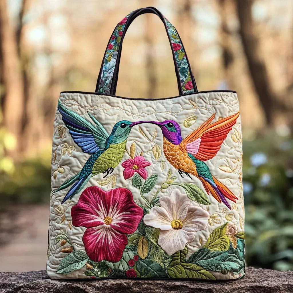 Handgjord väska – Kolibri och Vita Blommor