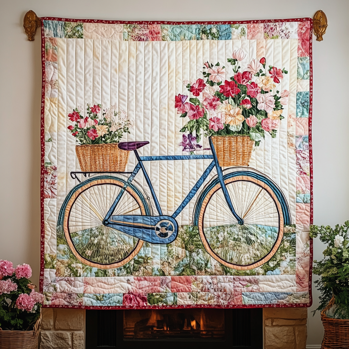Blå Cykel med Blomsterkorg Konst Väggbonad