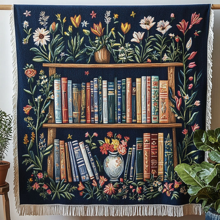 Blommor Bokhylla Bibliotek Vävd Soffilt