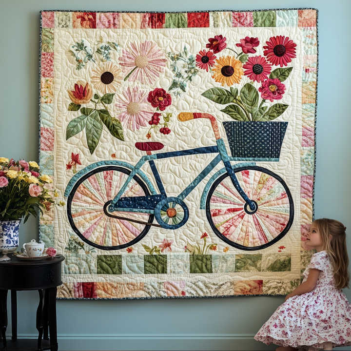 Blå Cykel med Blomsterkorg II Konst Väggbonad