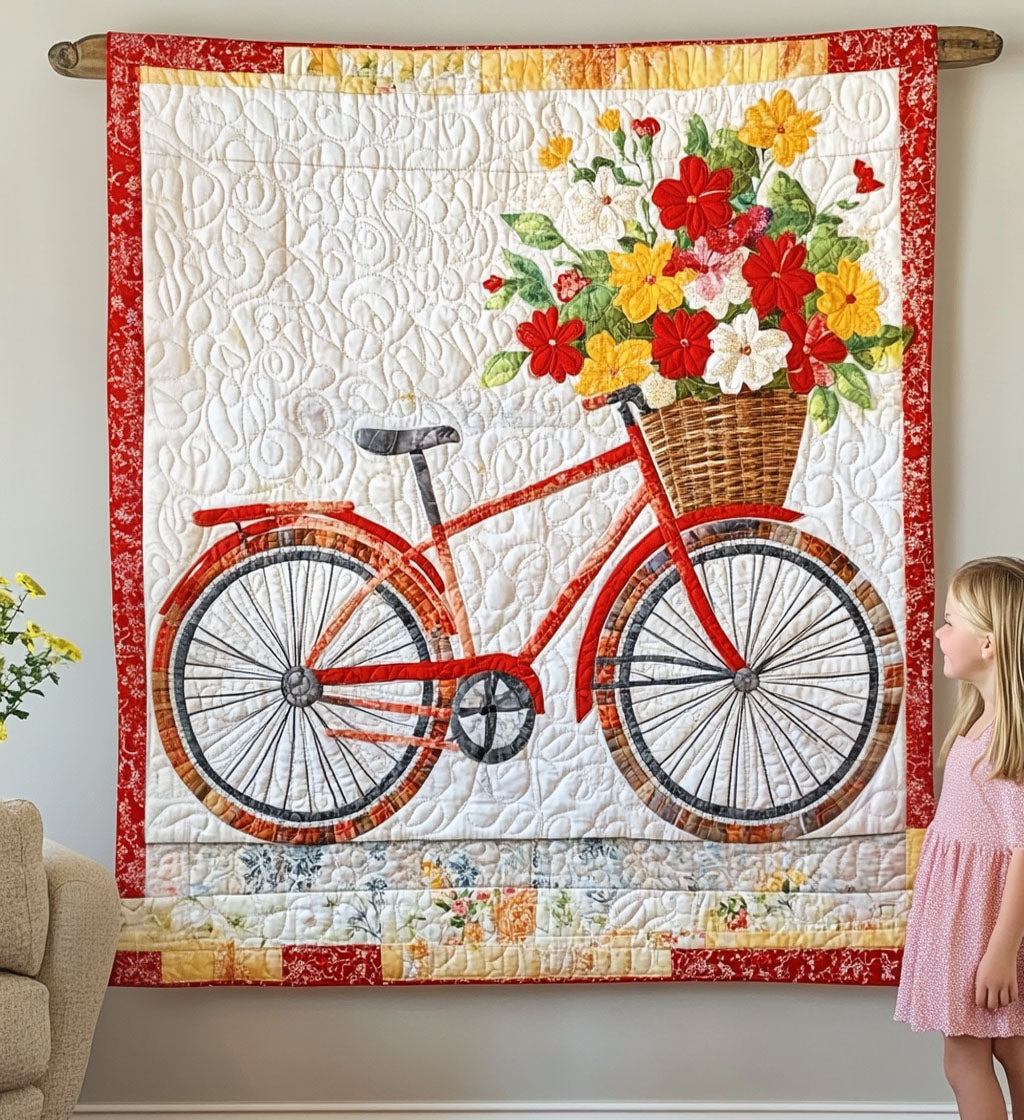 Röd Cykel med Blomsterkorg Konst Väggbonad