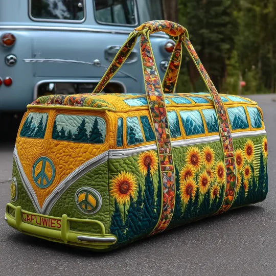 Resväska med quiltdesign – Hippiebuss med Solrosor