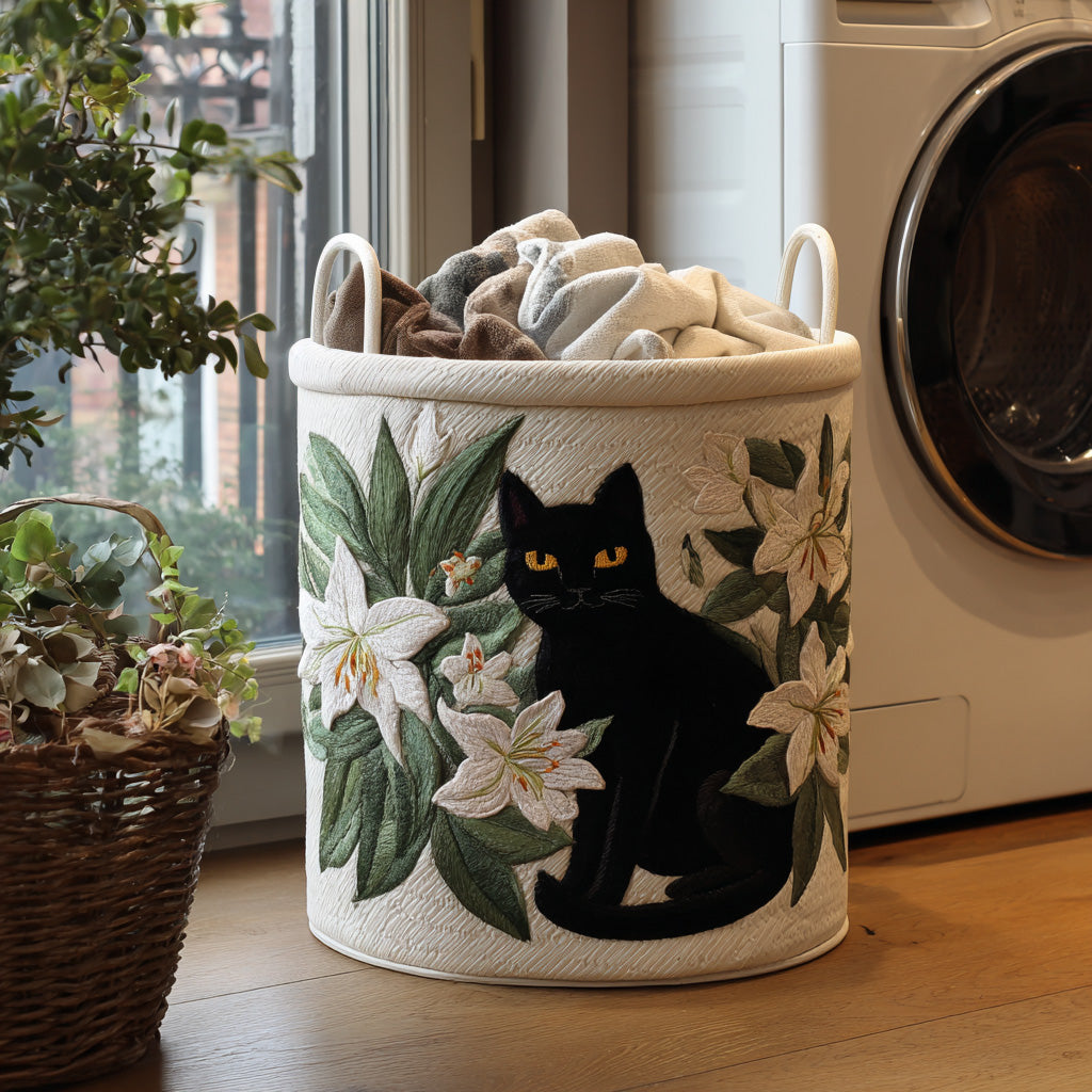 Svart Katt med Liljor Tvättkorg
