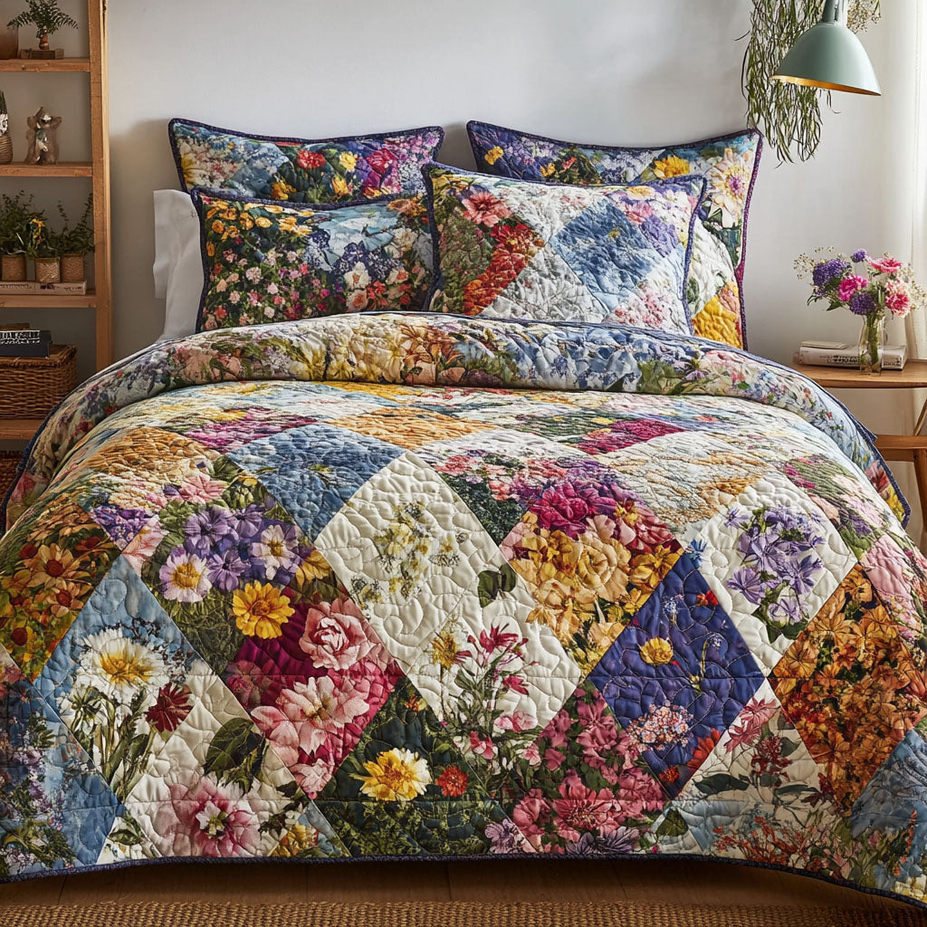 Vintage Blommor Lapptäcke 3-delat Bäddset