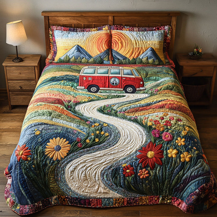 Vintage Hippiebuss Blomsterväg 3-delat Bäddset