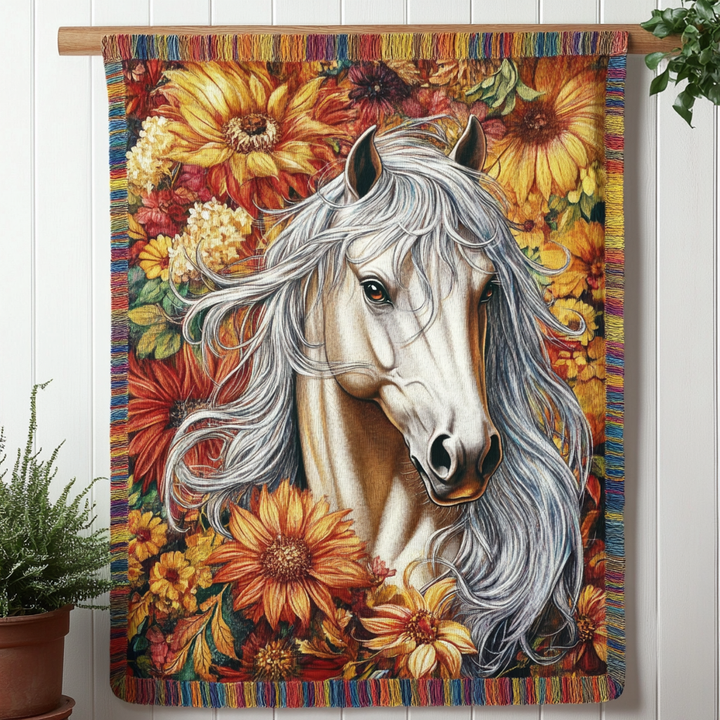 Vit Häst Solrosor Vävd Soffilt